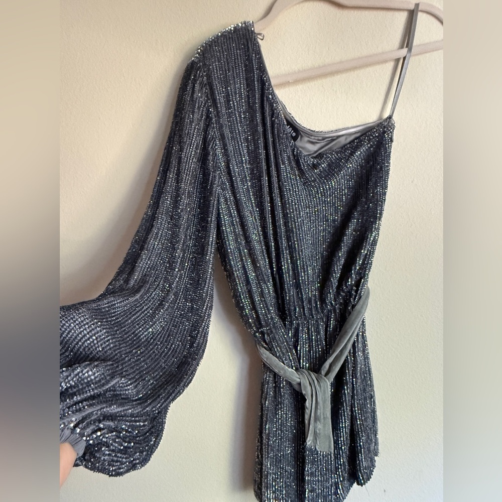 RETROFÊTE Bridgette one-shoulder velvet-trimmed sequined chiffon mini dress SZ S